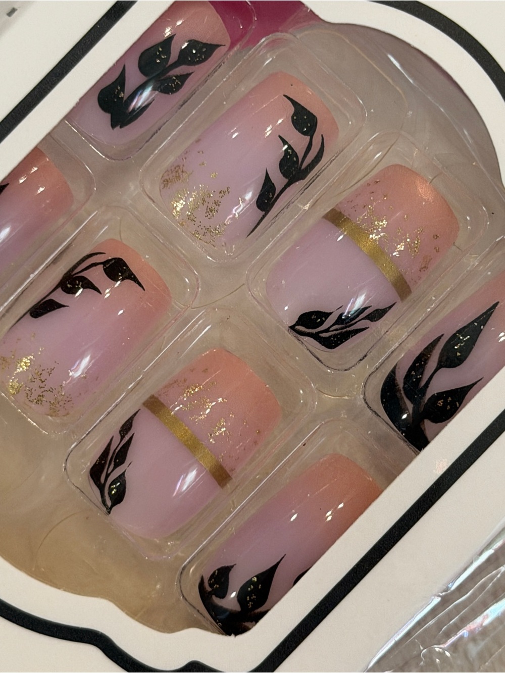 2 Pink Botanical Press On Nail Sets | Gold Glitter Accent Short Square Nails
